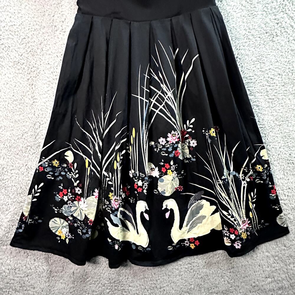 Belle Poque Women's Medium Black Dress Swan Floral Print Scalloped Front Smocked - Picture 2 of 9